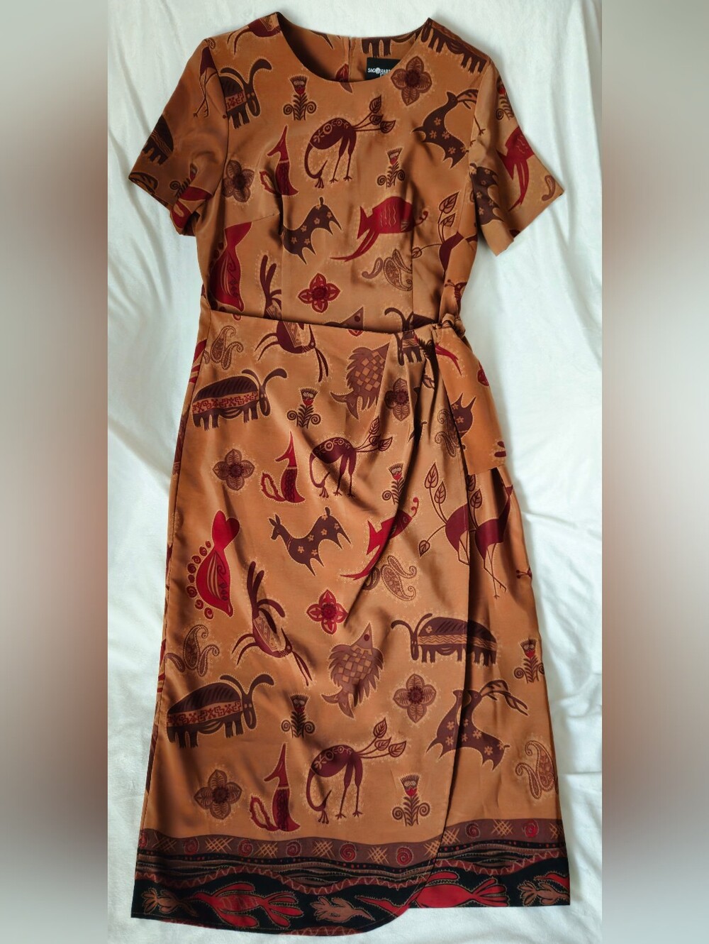 Vuntage 90s Sag Harbor Rust & Tan Animal-Print Midi Faux Wrap Dress - Size 14P